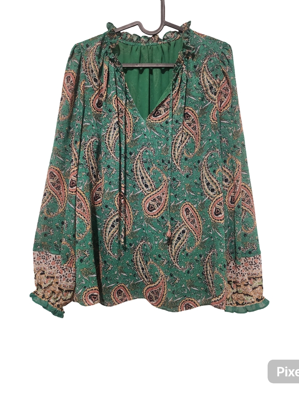 Green Paisley Tie-Neck Blouse